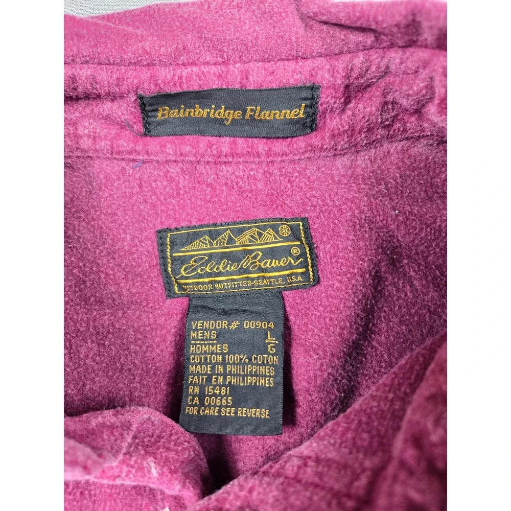 Eddie Bauer Bainbridge Flannel Shirt Mens Large Burgundy Purple Cotton Button Up